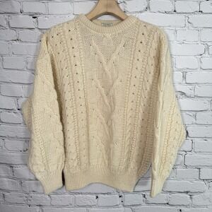 Thomas Keeling Sweater Mens M Cream Wool Cable‎ Knit Fisherman Made In England